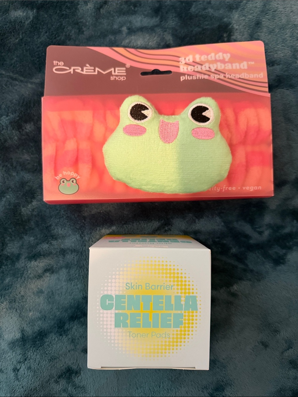 The Crème Shop Plush Frog Teddy Headband + skin barrier toner pads